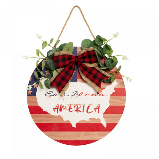 4th of July Door Sign with Plaid Bow Wooden God Bless Sign Hanging Decorations for Home Patriotic Party