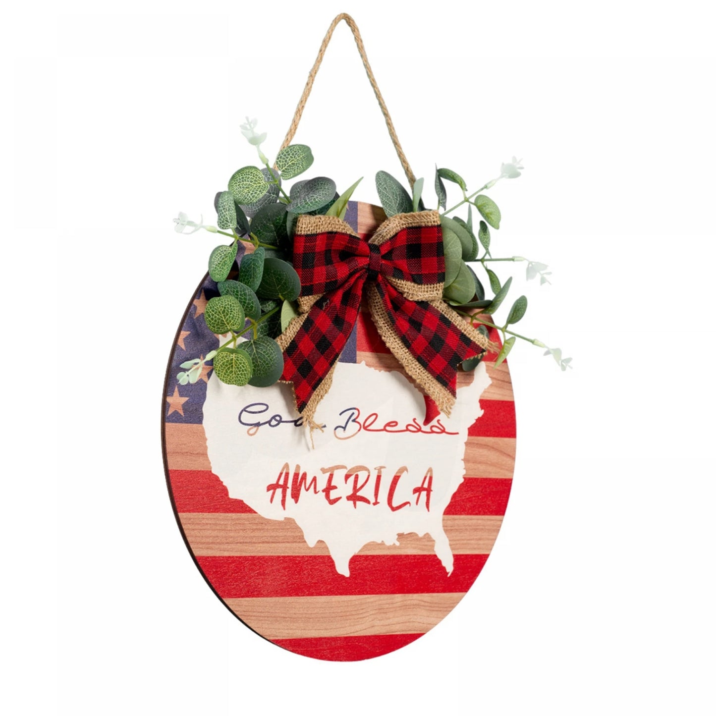 4th of July Door Sign with Plaid Bow Wooden God Bless Sign Hanging Decorations for Home Patriotic Party