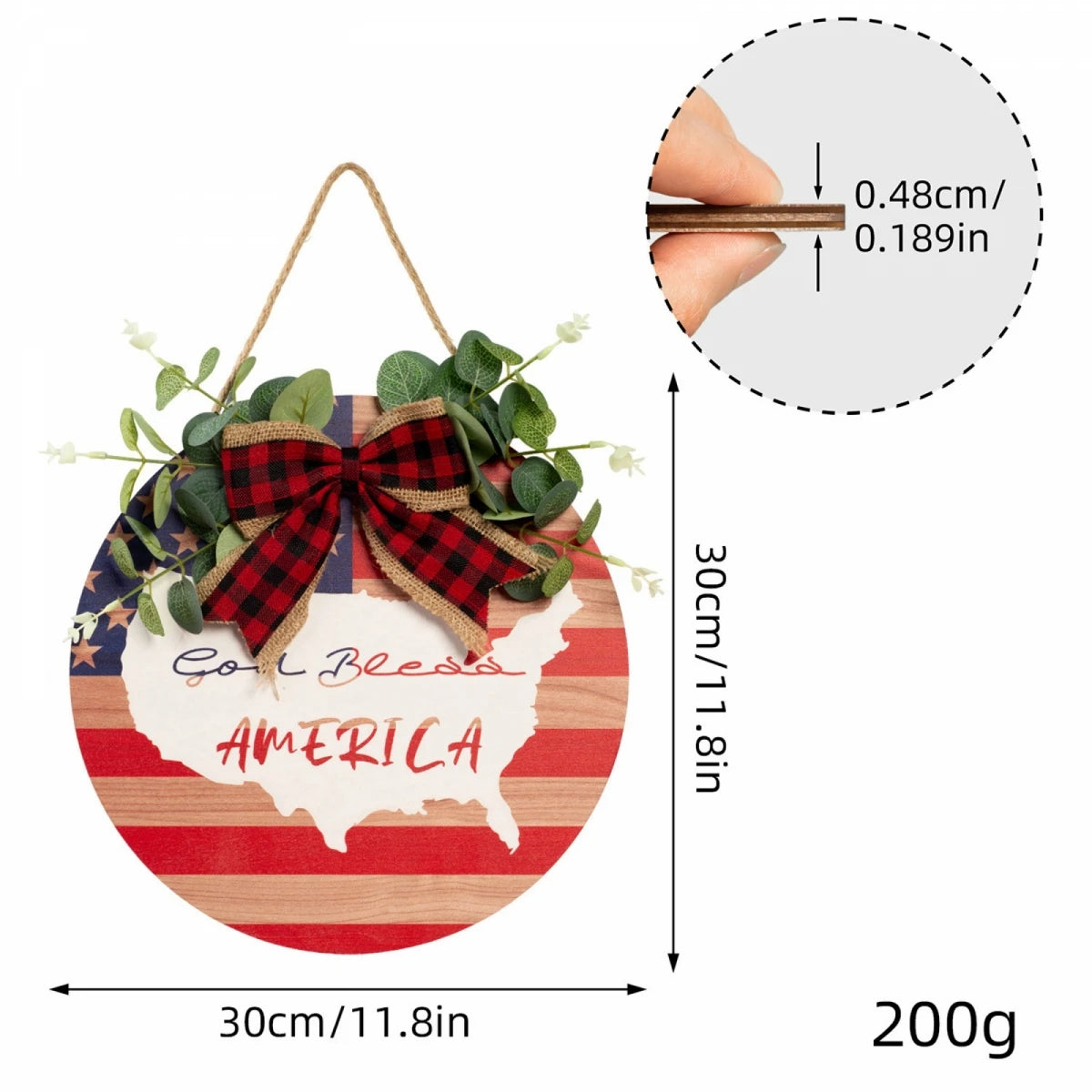 4th of July Door Sign with Plaid Bow Wooden God Bless Sign Hanging Decorations for Home Patriotic Party