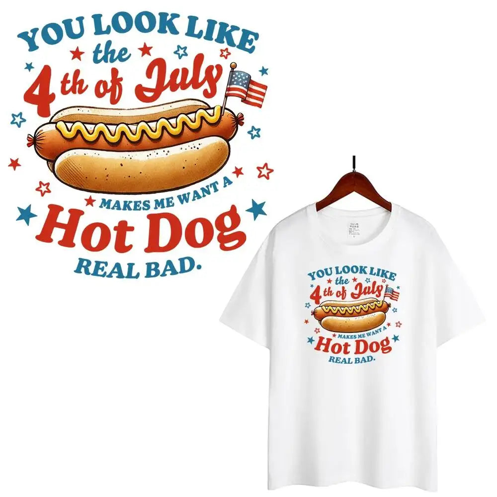 Fashion 4th Of July Hot Dog Hamburger Heat Transfer Patches For Clothes DIY A-Level Washable T-shirts Iron-on Thermal Stickers