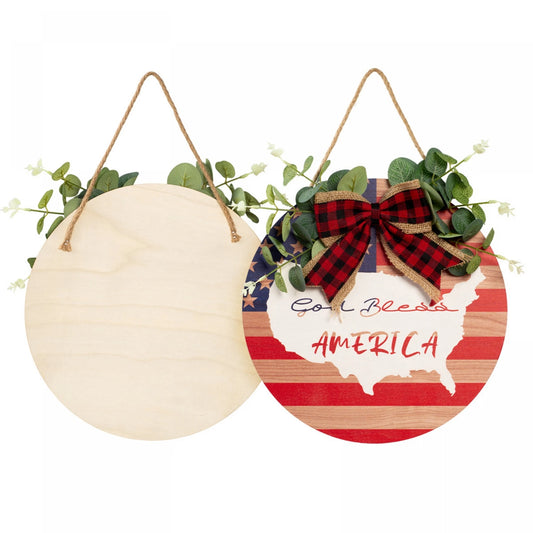 4th of July Door Sign with Plaid Bow Wooden God Bless Sign Hanging Decorations for Home Patriotic Party