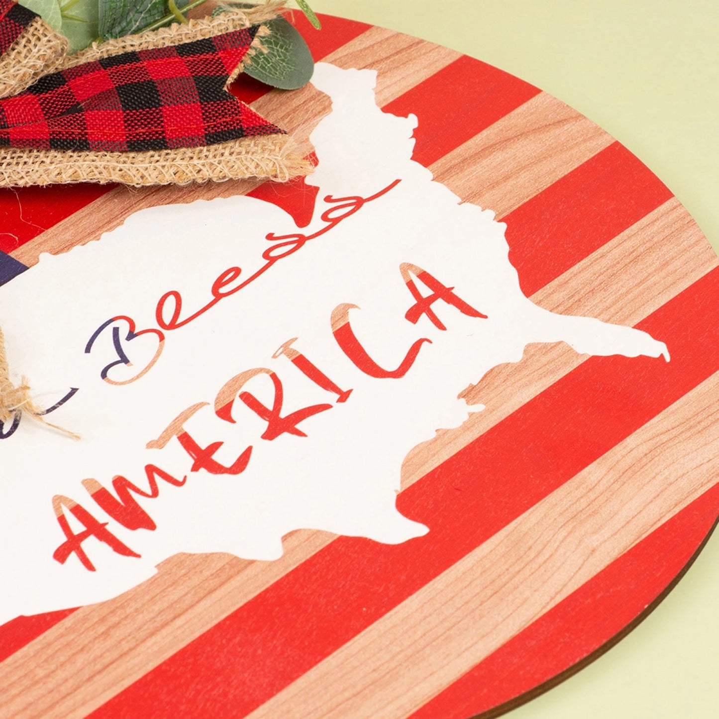 4th of July Door Sign with Plaid Bow Wooden God Bless Sign Hanging Decorations for Home Patriotic Party
