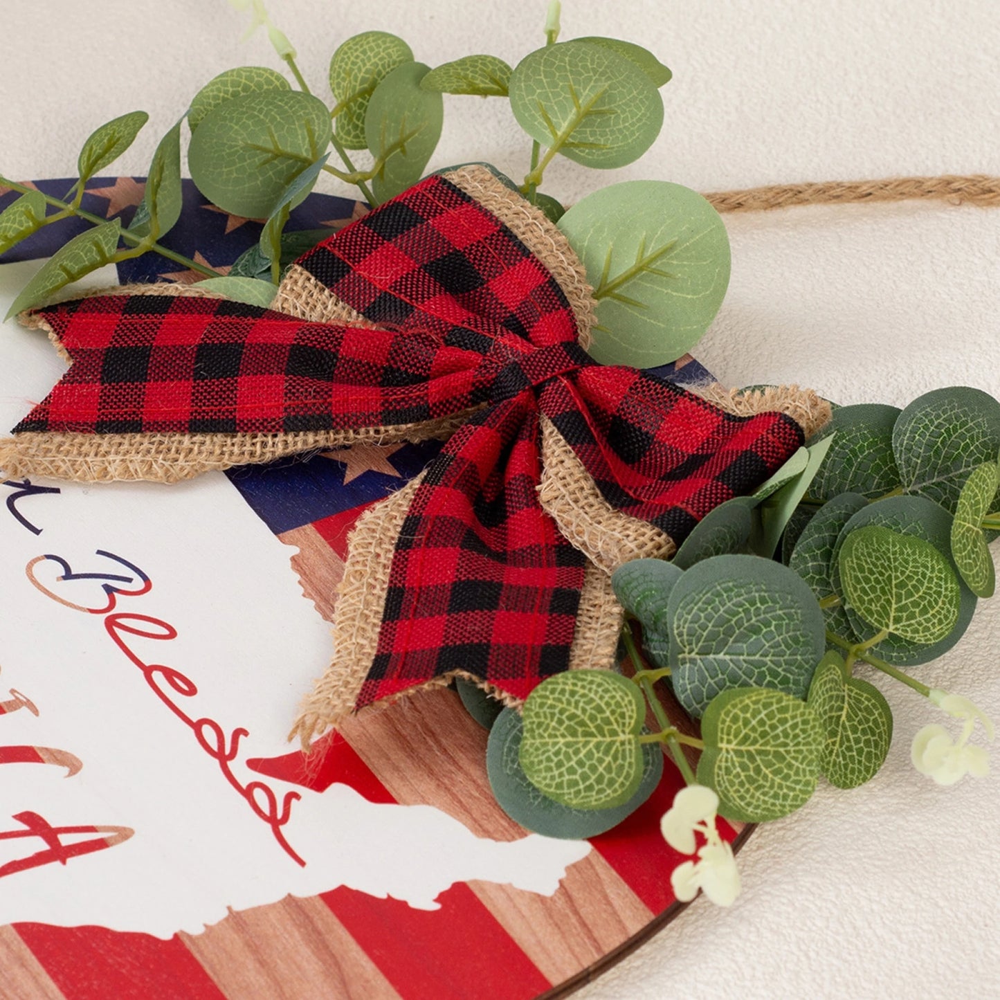 4th of July Door Sign with Plaid Bow Wooden God Bless Sign Hanging Decorations for Home Patriotic Party